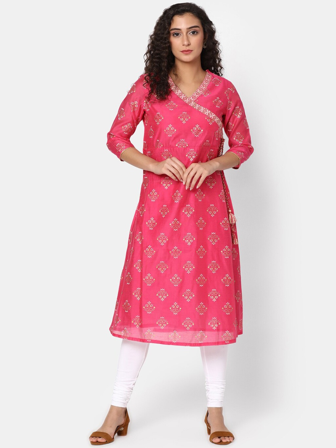 

V-Mart Ethnic Motifs Printed V-Neck A-Line Kurta, Fuchsia