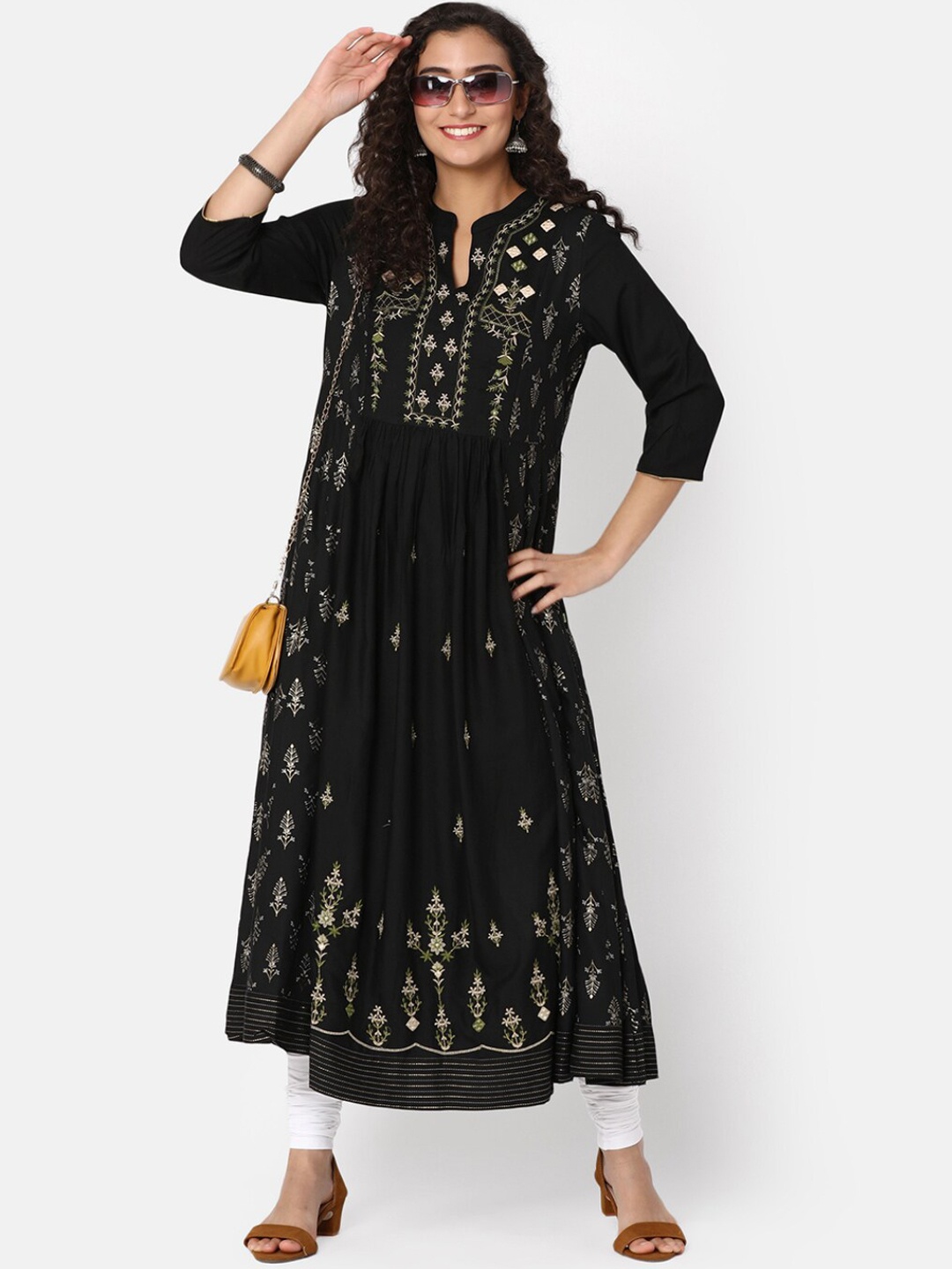 V-Mart Floral Printed Band Collar Thread Work Anarkali Kurta, Black