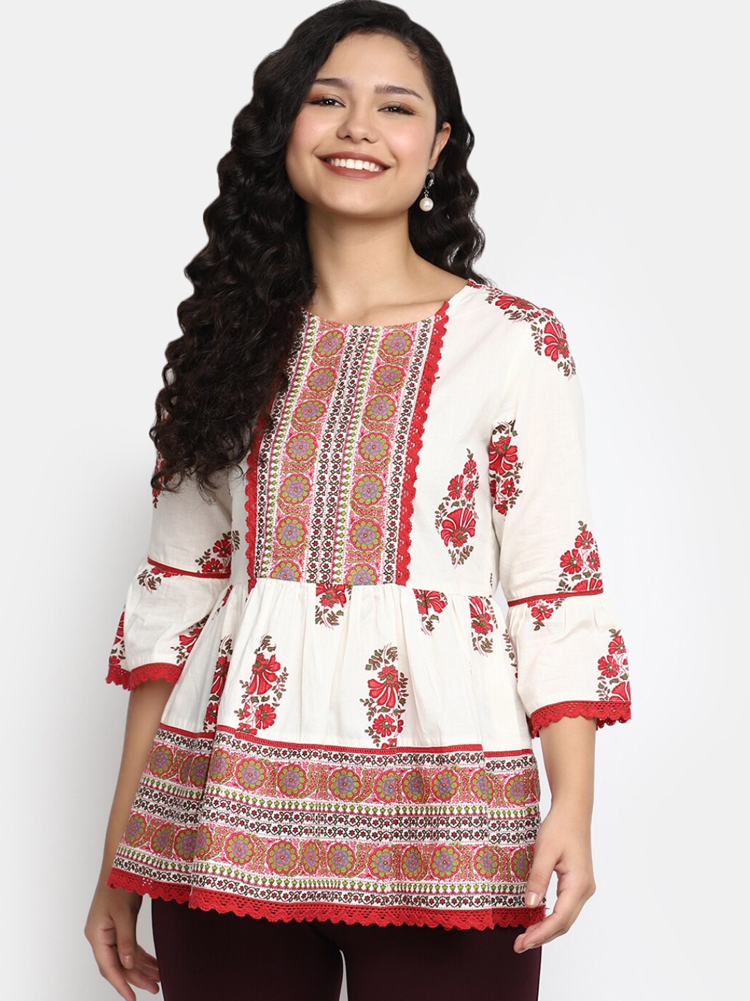 

V-Mart Floral Printed Lace Inserts Peplum Top, White