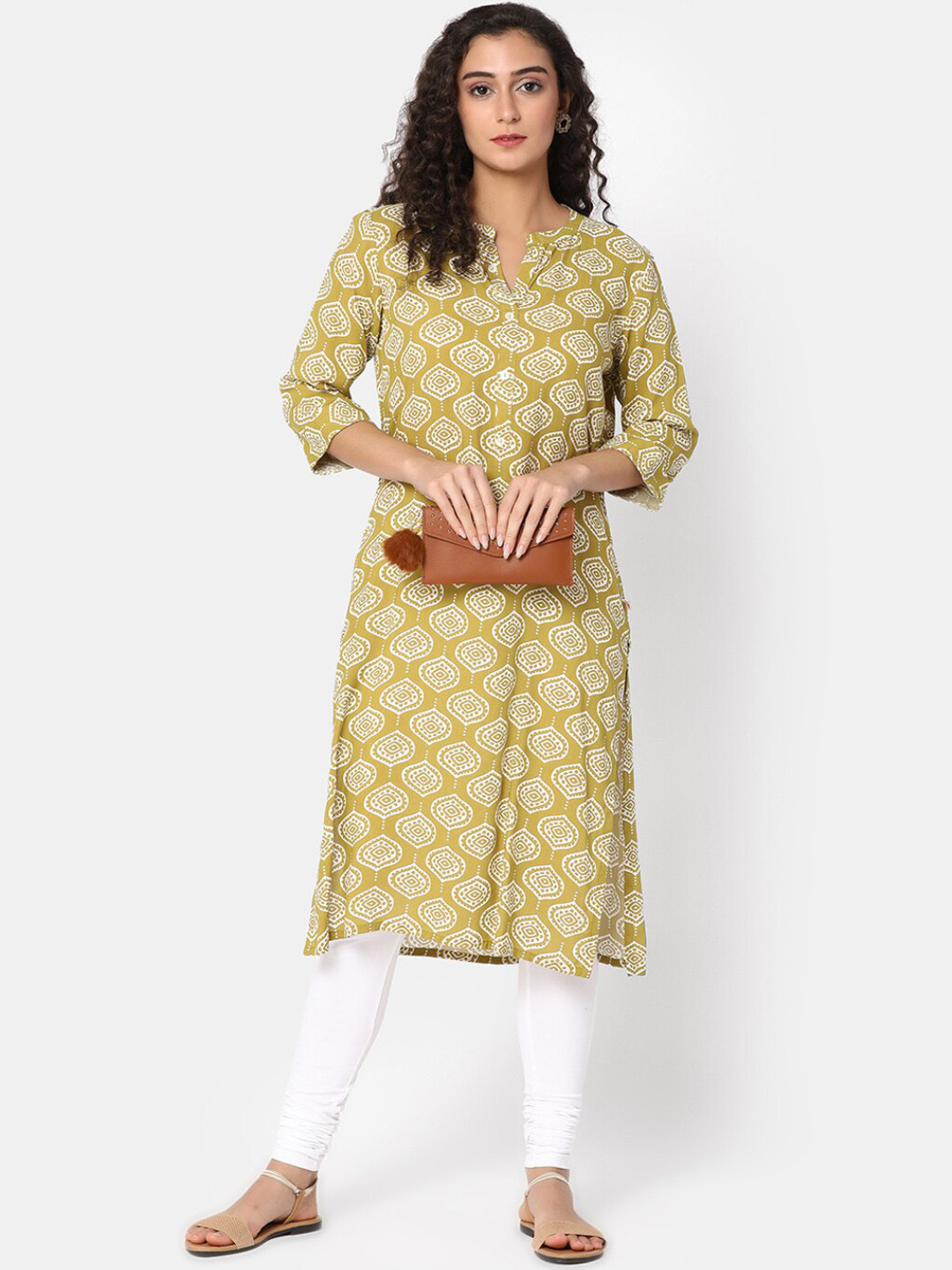 

V-Mart Ethnic Motifs Band Collar Three-Quarter Sleeves Kurta, Gold