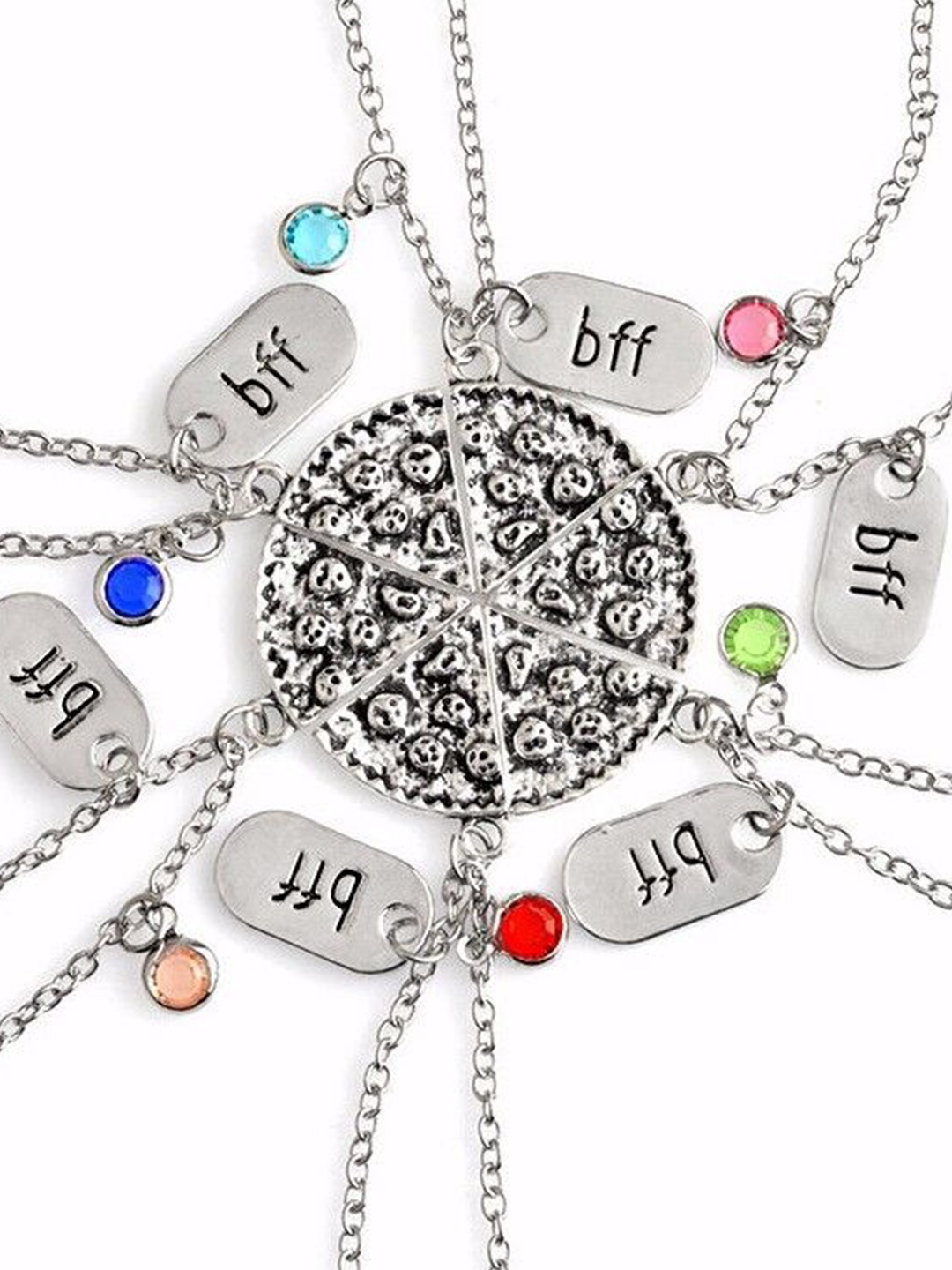 

EL REGALO Set Of 6 Stone Studded Best Friends Pizza Pendant With Chain, Silver