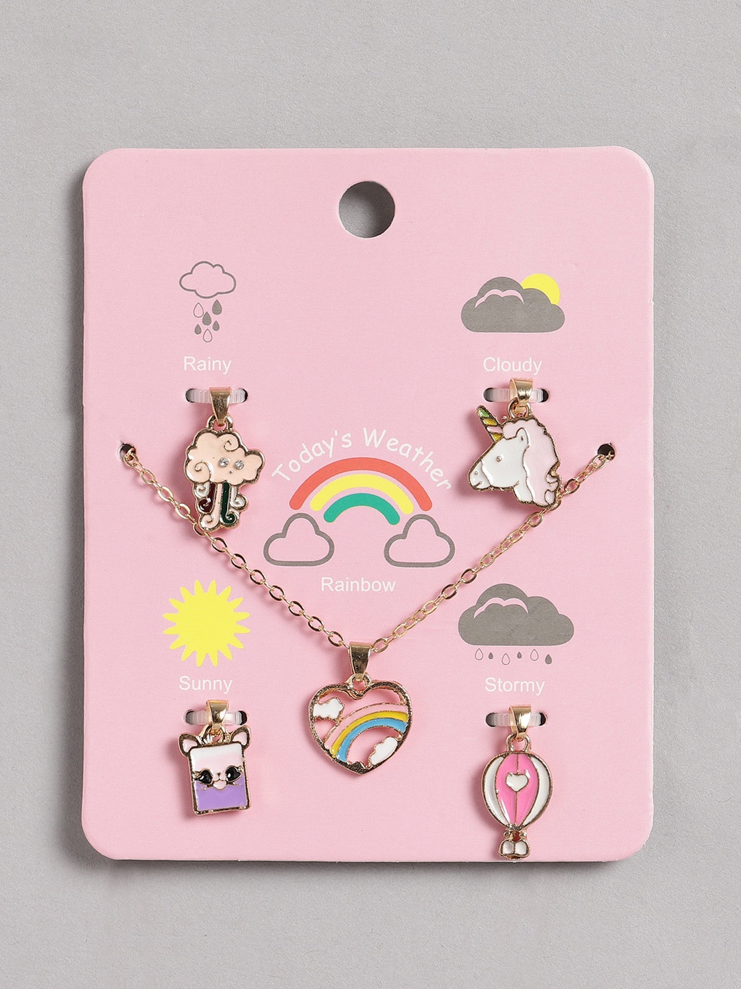 EL REGALO Set Of 5 Abstract Charm Pendants With Chain, Gold