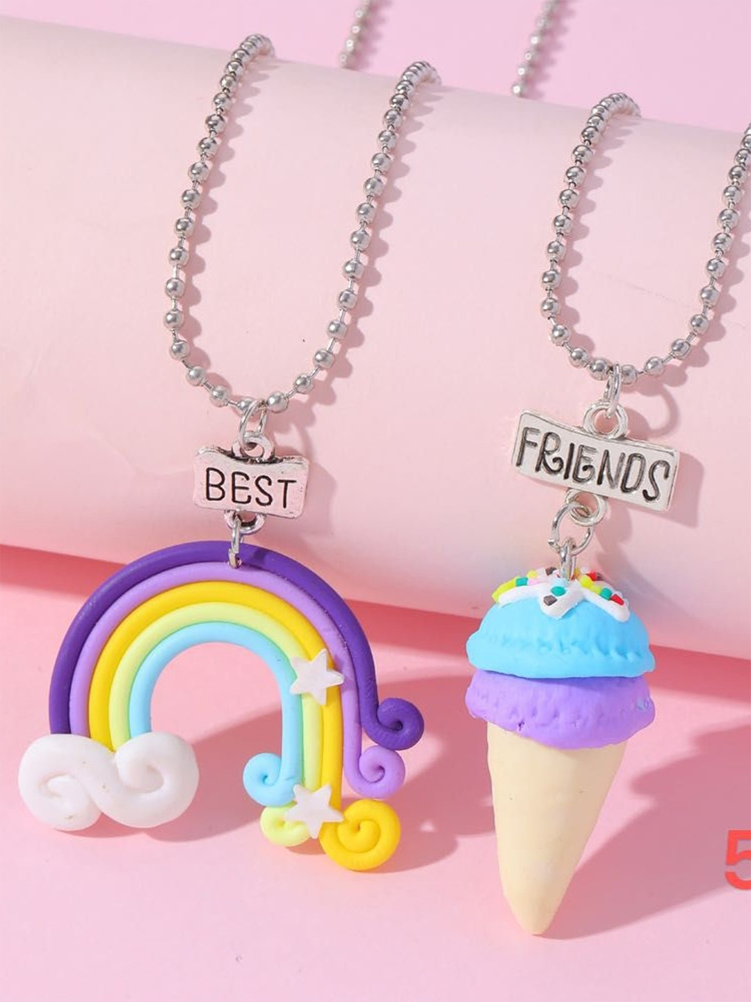 

EL REGALO Kids Set Of 2 Rainbow & Ice-Cream Pendants With Chain, Silver
