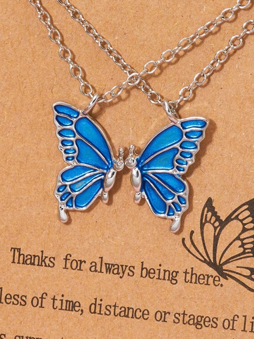 

EL REGALO Set Of 2 Enamel Butterfly Pendant With Chain, Silver