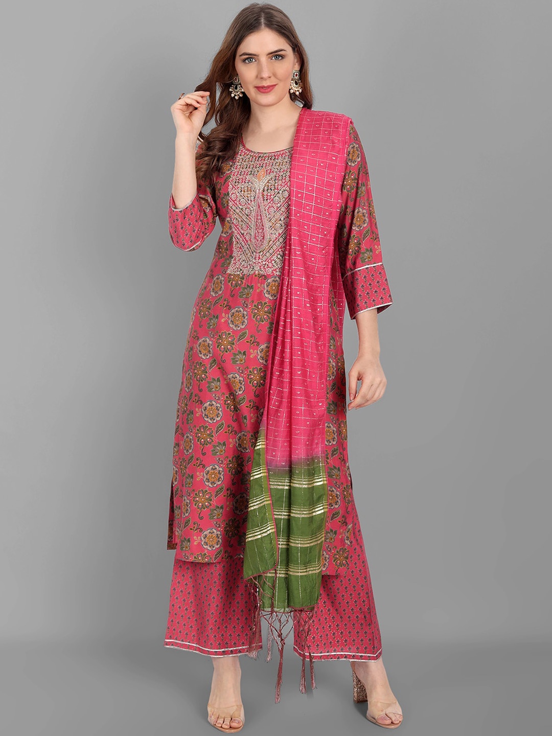 

KALINI Floral Printed Yoke DesignThread Work Kurta With Palazzos & Dupatta, Pink