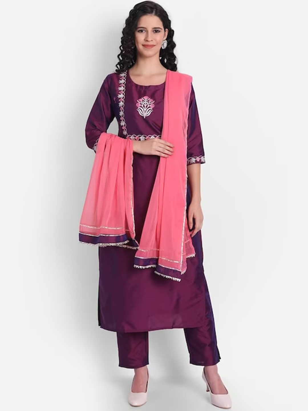 

KALINI Floral Motifs Embroidered Three-Quarter Sleeves Thread Work Kurta Set With Dupatta, Purple