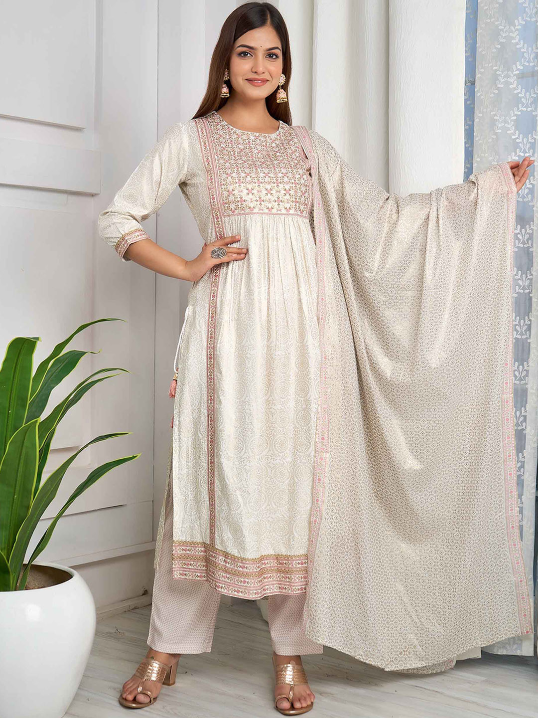 

KALINI Floral Printed Pleated Thread Work Detail A-Line Kurta & Trousers With Dupatta, Off white