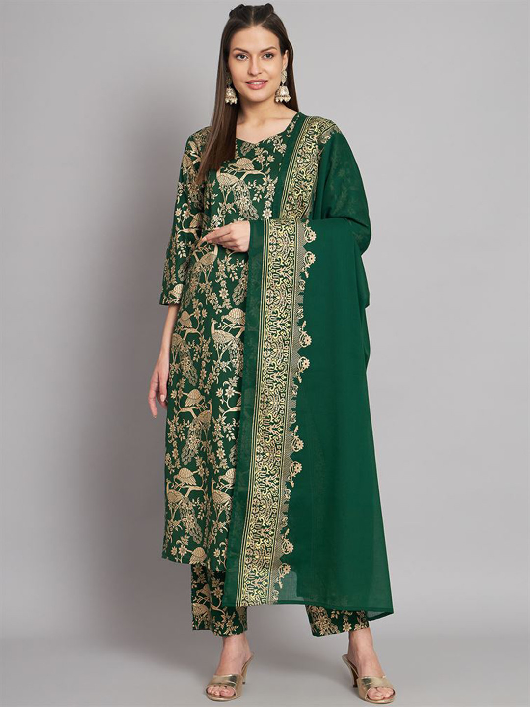 

KALINI Ethnic Motifs Printed V-Neck Straight Kurta With Trousers & Dupatta, Green