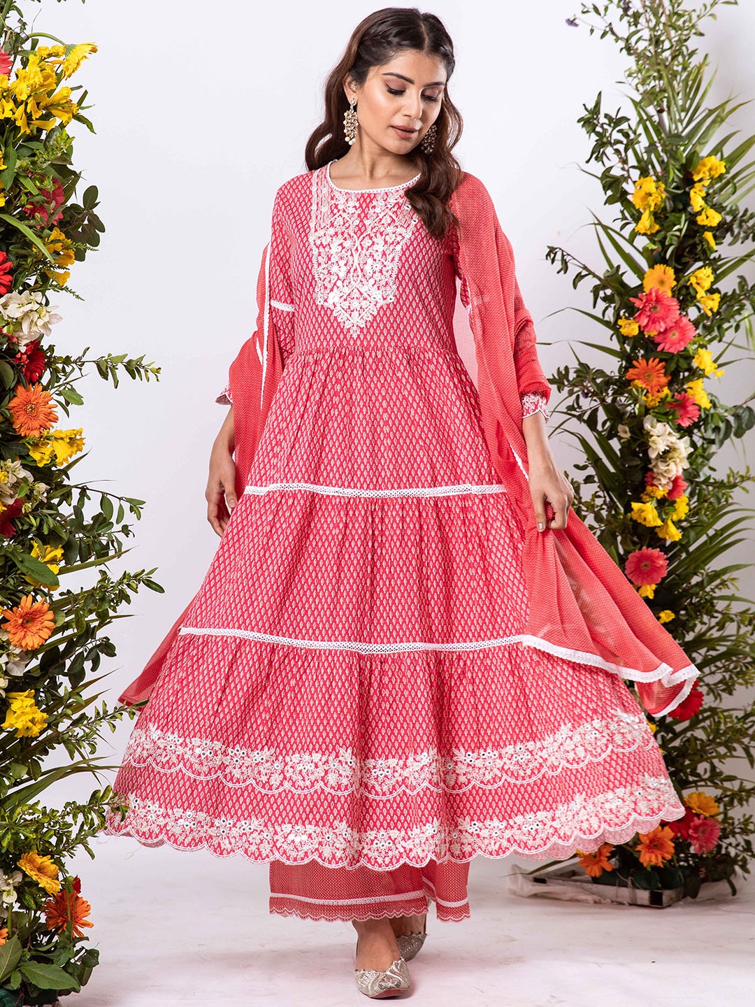 

KALINI Ethnic Motifs Printed Tiered Thread Work Pure Cotton Kurta & Palazzos With Dupatta, Pink