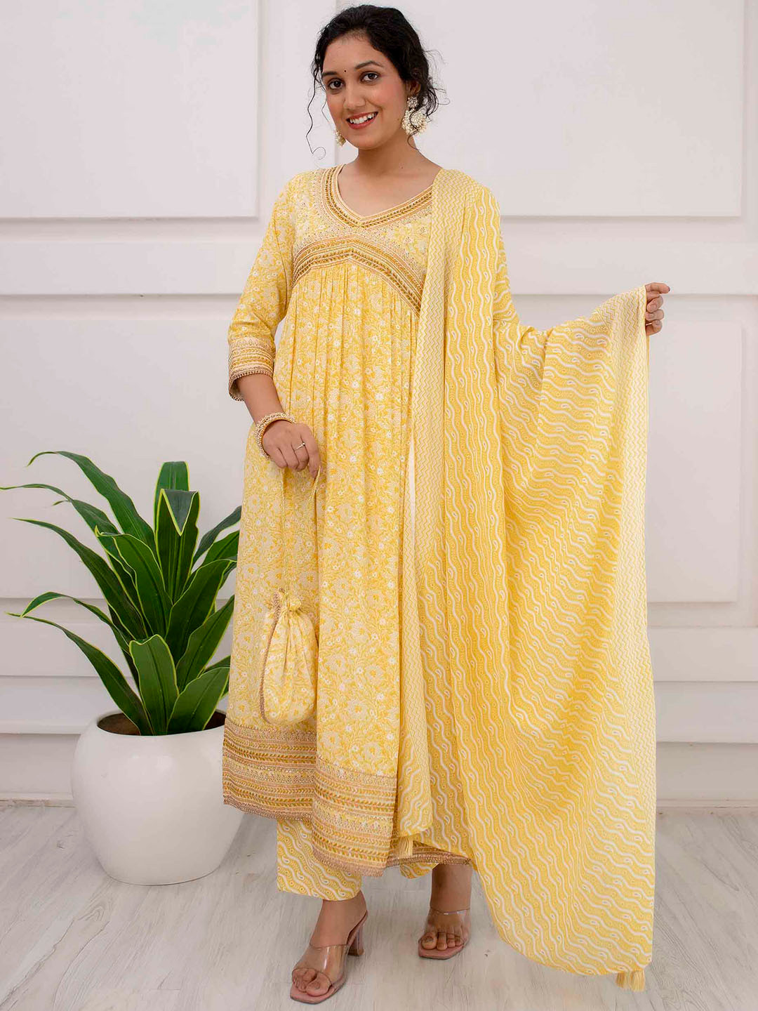 

KALINI Floral Printed Beads and Stones Embellished Empire Kurta with Trousers & Dupatta, Yellow