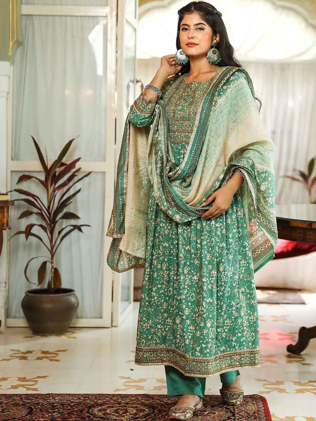 

KALINI Floral Printed Sequinned Anarkali Kurta With Trousers & Dupatta With Potli Bag, Green