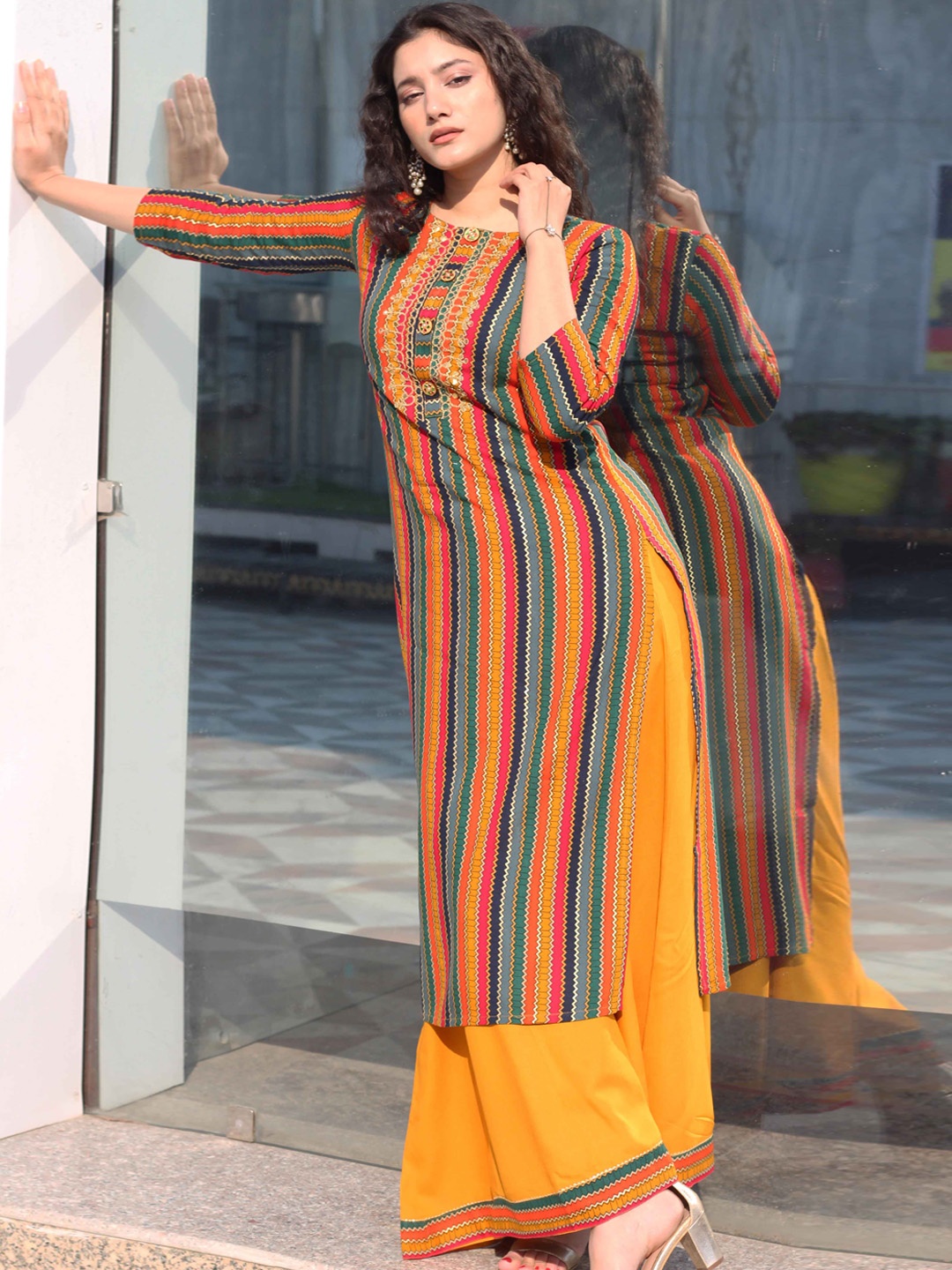 

KALINI Striped Three-Quarter Sleeves Regular Sequined Kurta Set, Yellow