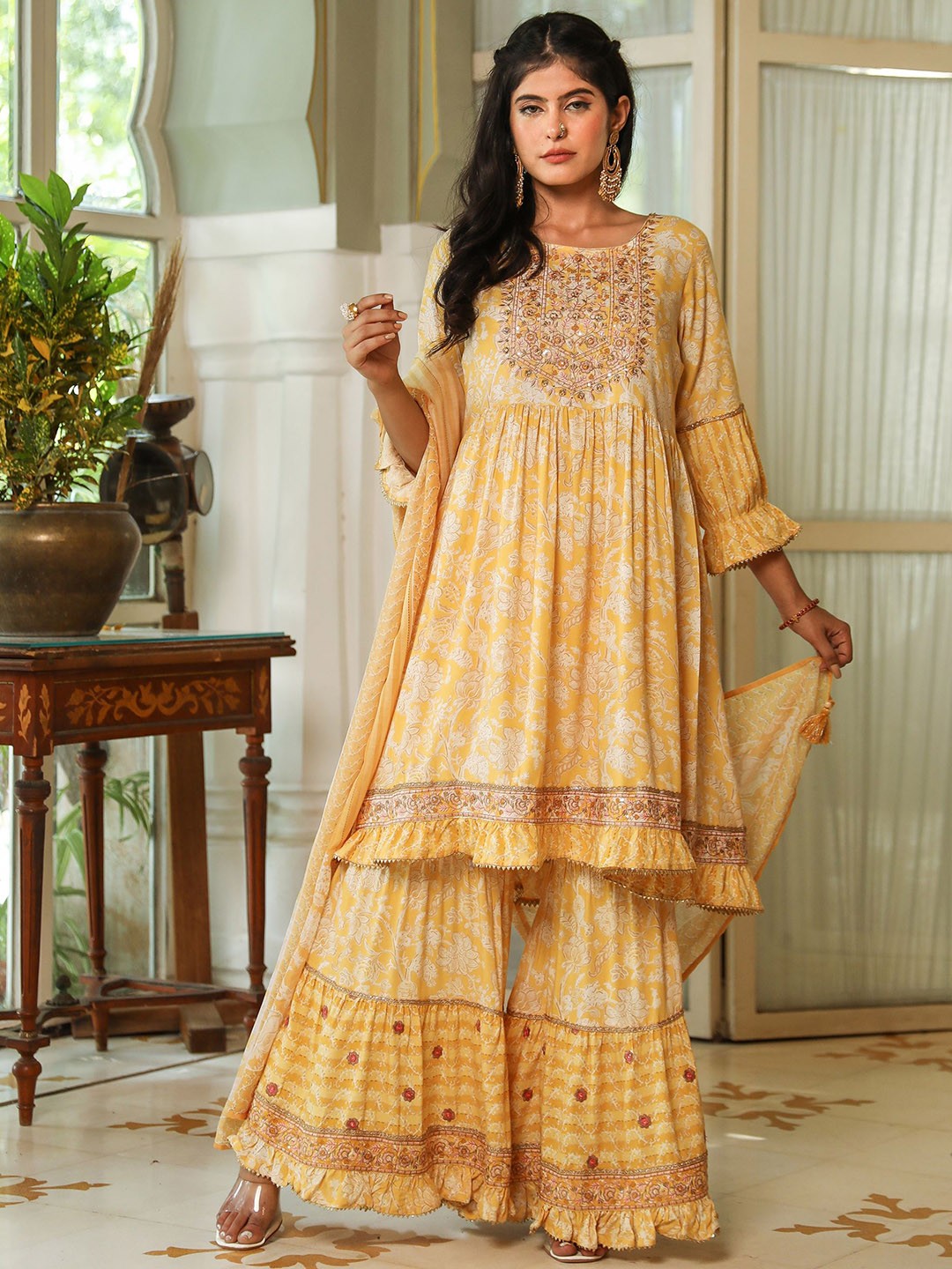 

KALINI Floral Printed Beads and Stones Embellished Anarkali Kurta with Sharara & Dupatta, Yellow