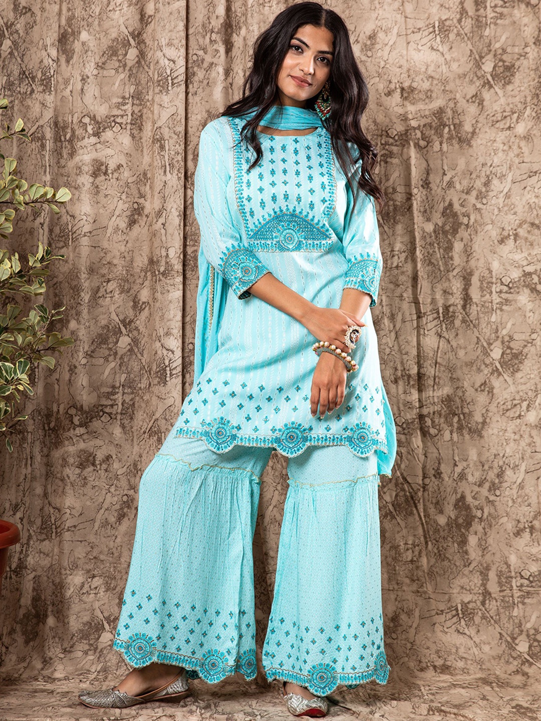 

KALINI Round Neck Ethnic Motif Printed Thread Work Kurta & Sharara With Dupatta, Turquoise blue