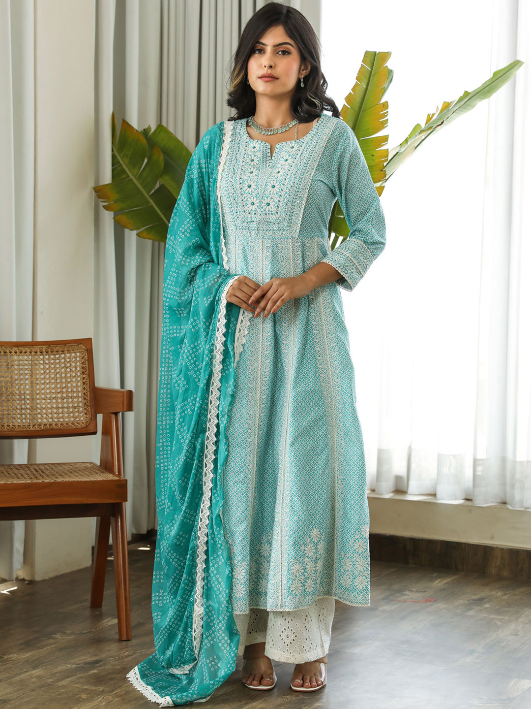 

KALINI Printed Layered Beads and Stones Pure Cotton Kurta & Palazzos & With Dupatta, Turquoise blue