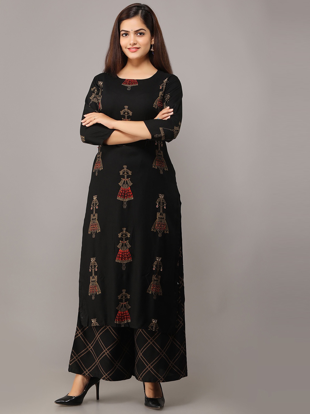 

KALINI Tribal Printed Thread Work Round Neck Straight Kurta AndPalazzos, Black