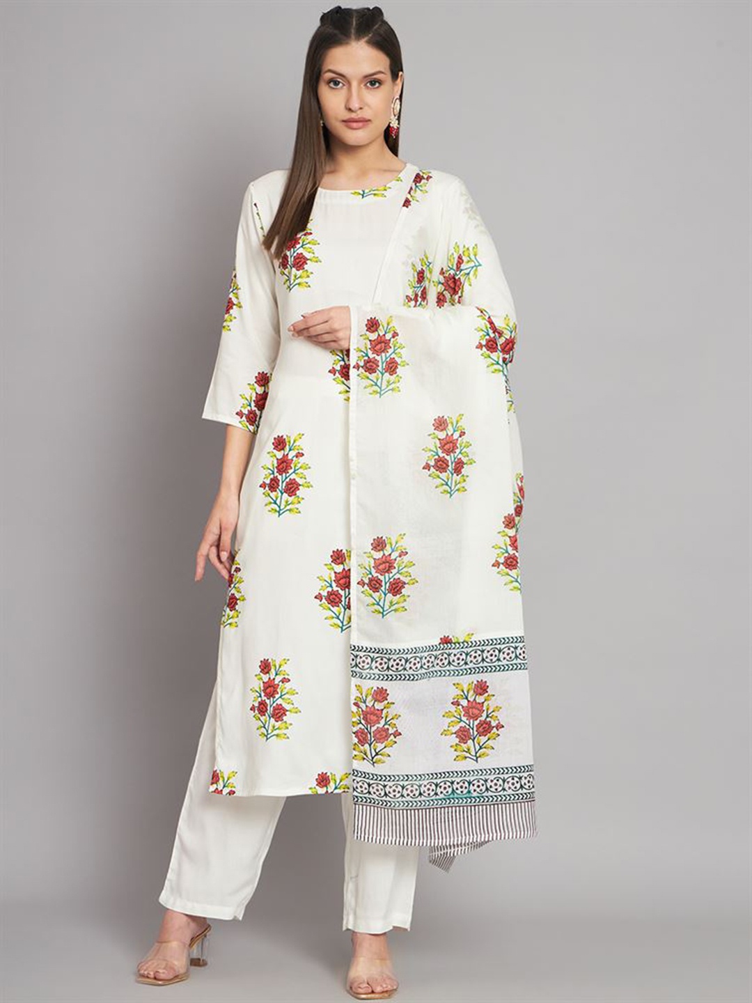 

KALINI Floral Printed Round Neck Straight Kurta With Trousers & Dupatta, White
