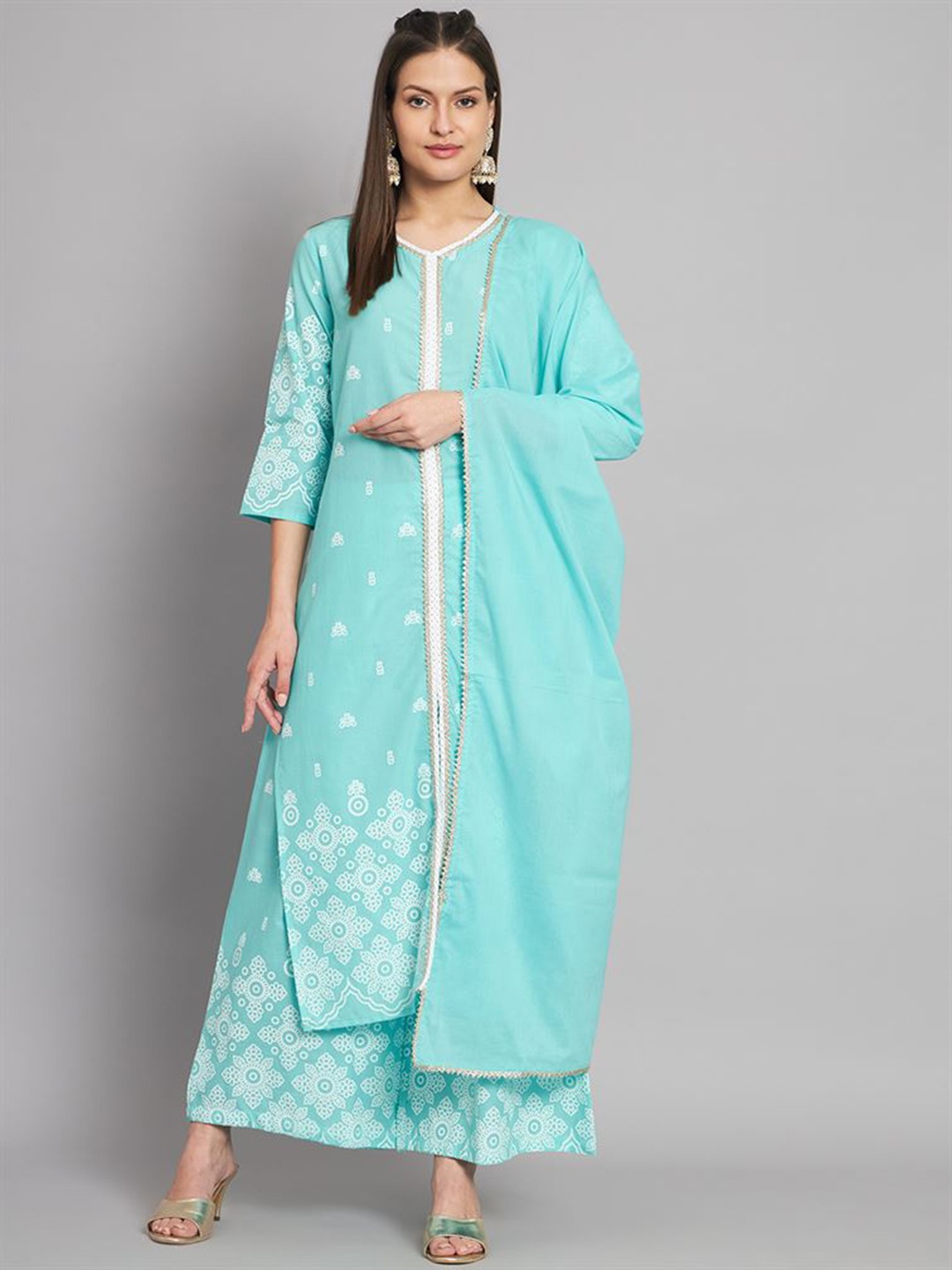 

KALINI Ethnic Motifs Printed Gotta Patti Pure Cotton Kurta With Palazzos & Dupatta, Turquoise blue