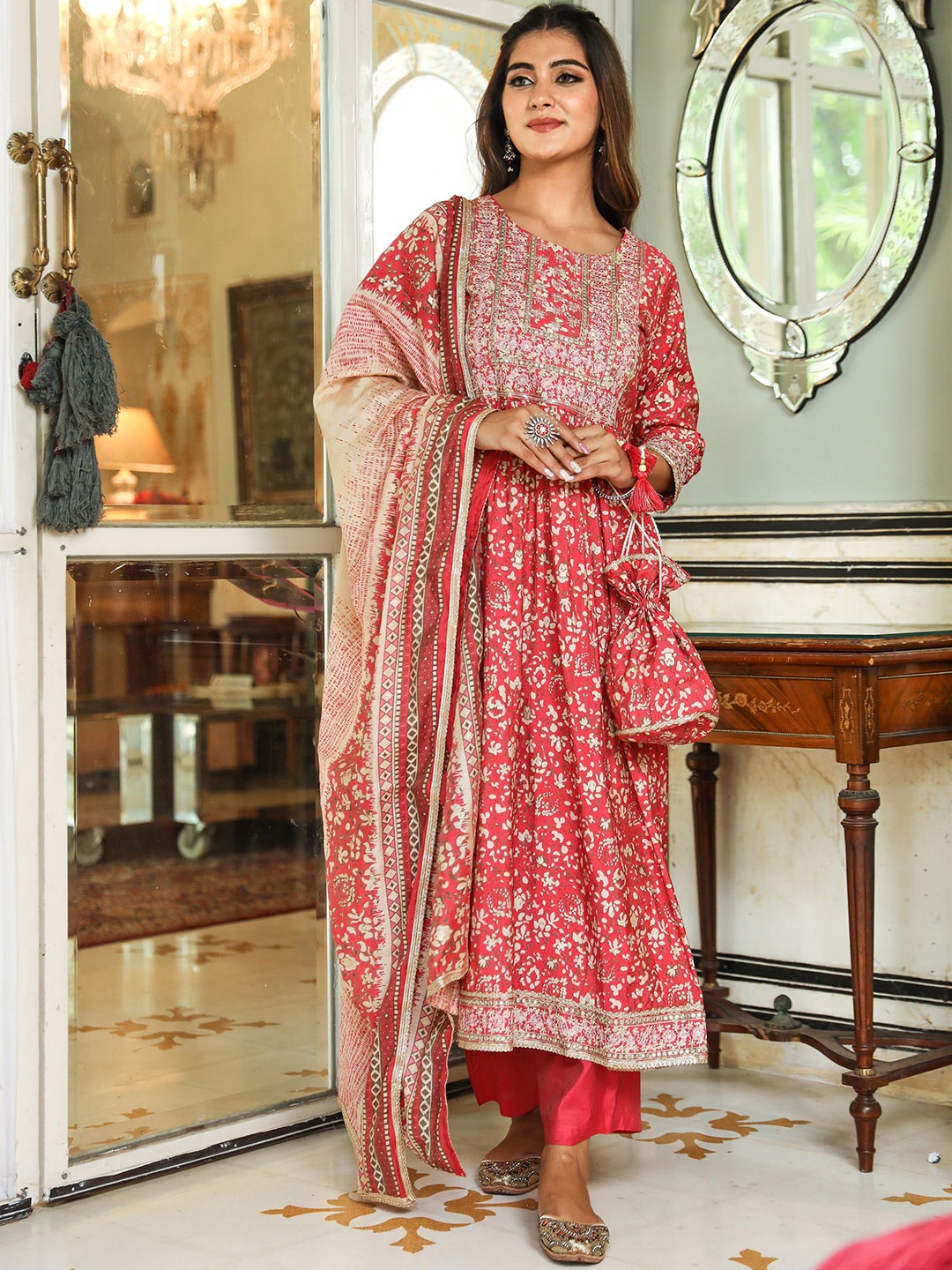 

KALINI Floral Printed Sequinned Anarkali Kurta With Trousers & Dupatta With Potli Bag, Pink