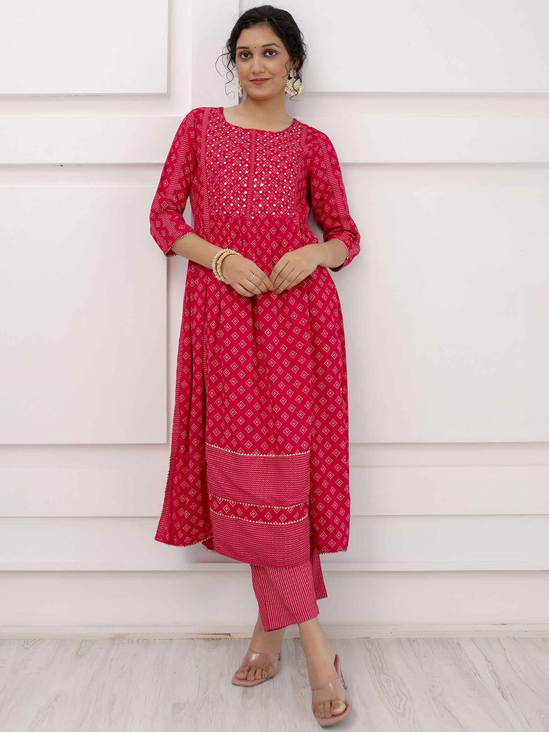 

KALINI Geometric Printed Pleated Mirror Work A-Line Kurta & Trousers With Dupatta, Pink