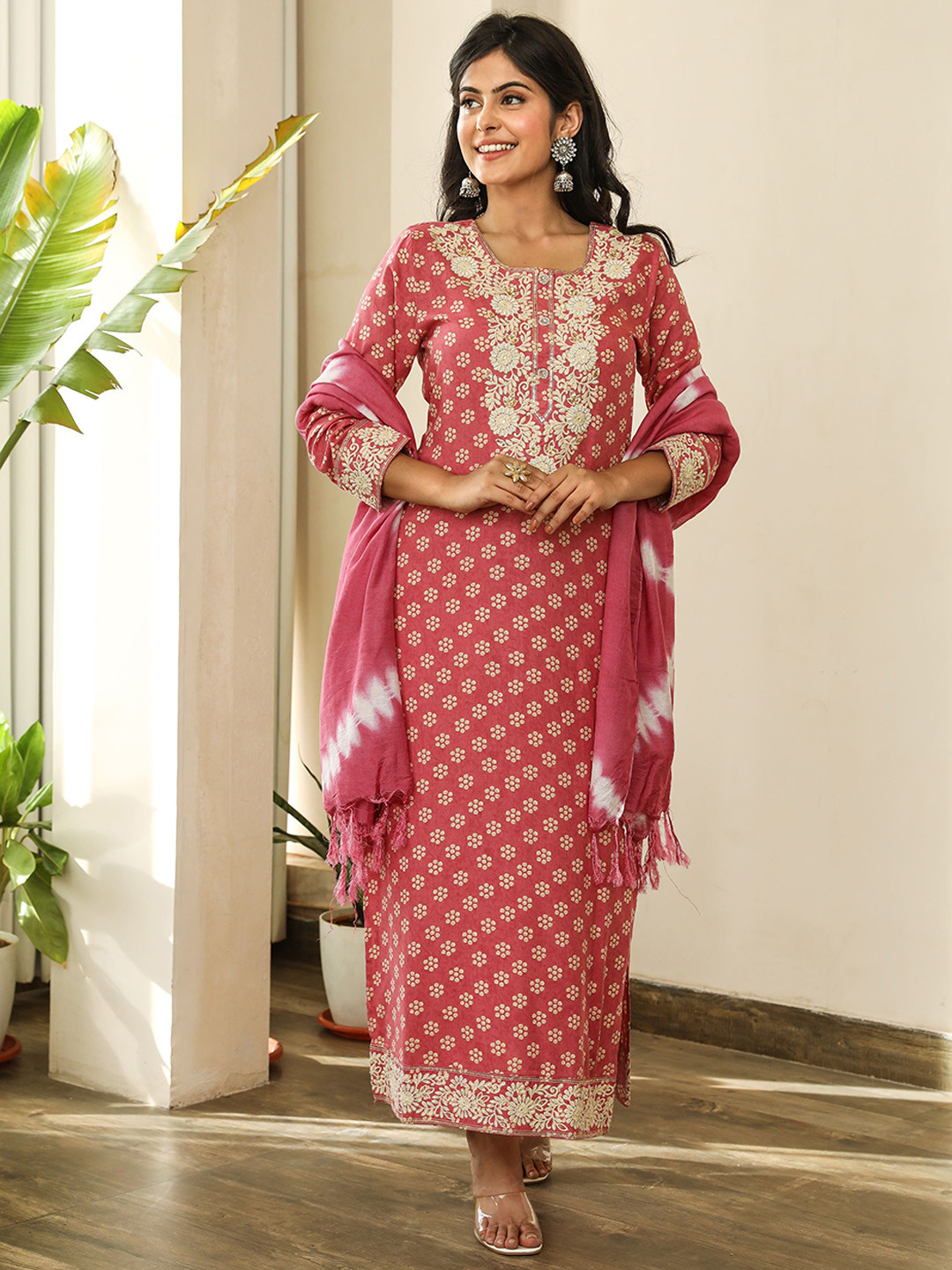 

KALINI Floral Embroidered Sequinned Straight Kurta With Trousers, Pink