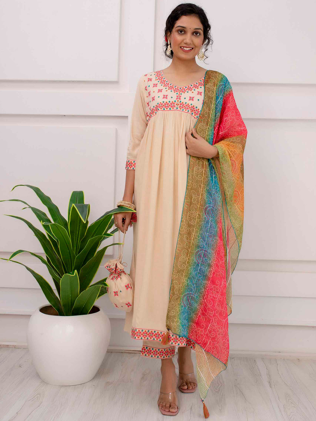 

KALINI Ethnic Motifs Embroidered Pleated Mirror Work Kurta with Trousers And Dupatta, Cream