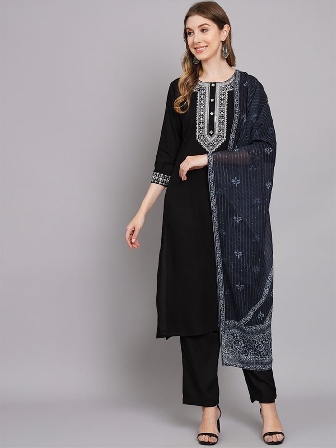 

KALINI Floral Embroidered Regular Kurta & Trousers With Dupatta, Black