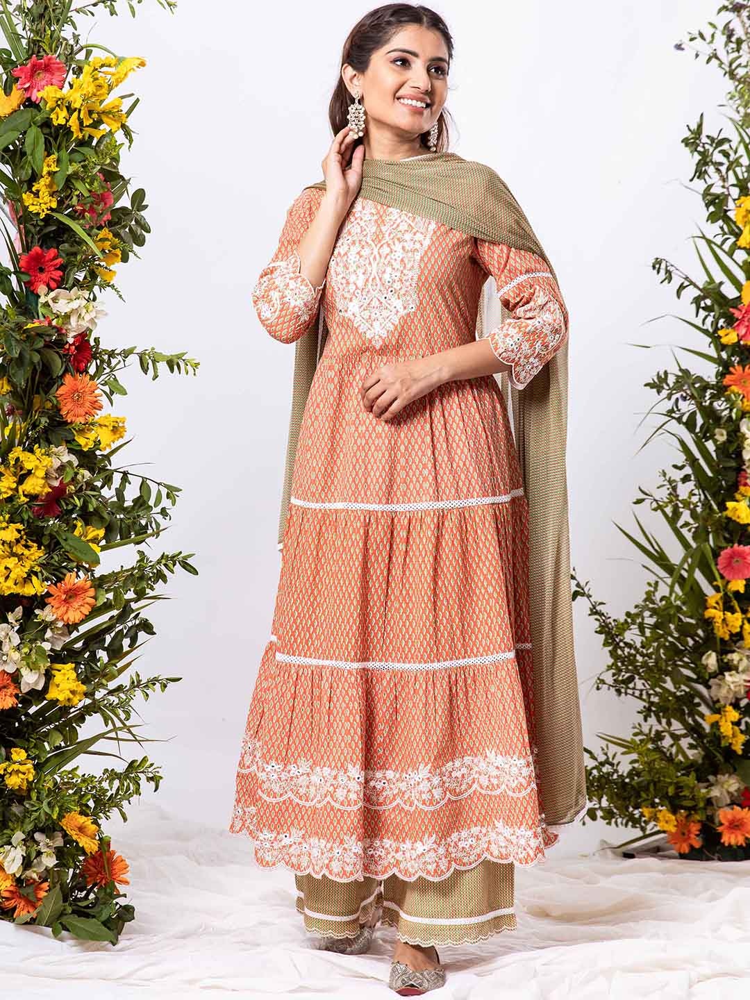 

KALINI Ethnic Motifs Printed Tiered Mirror Work Pure Cotton Kurta & Palazzos With Dupatta, Rust