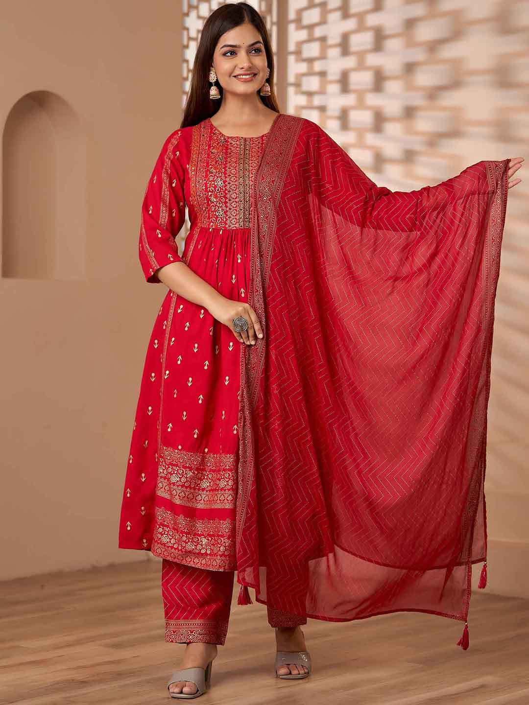 

KALINI Ethnic Motifs Printed Pleated A-Line Thread Work Kurta Set With Dupatta, Red