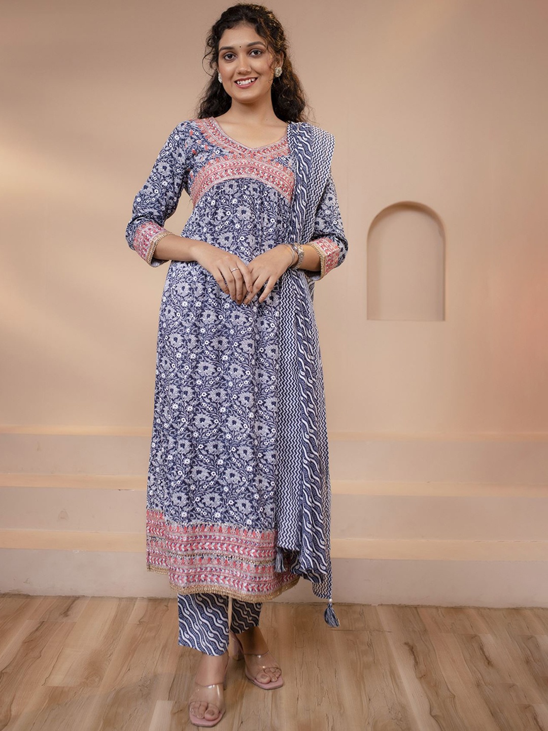 

KALINI Floral Printed Pleated A-Line Kurta & Trousers With Dupatta, Navy blue