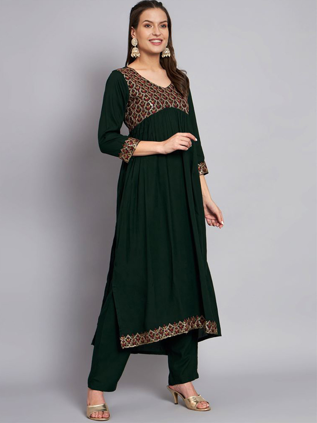 

KALINI Floral Embroidered Empire Kurta With Trousers & Dupatta, Green