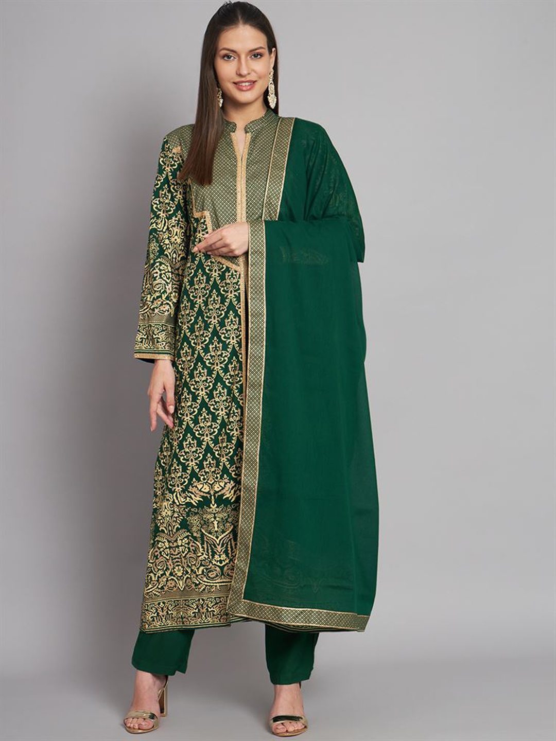 

KALINI Ethnic Motifs Printed Mandarin Collar Straight Kurta With Trousers & Dupatta, Green