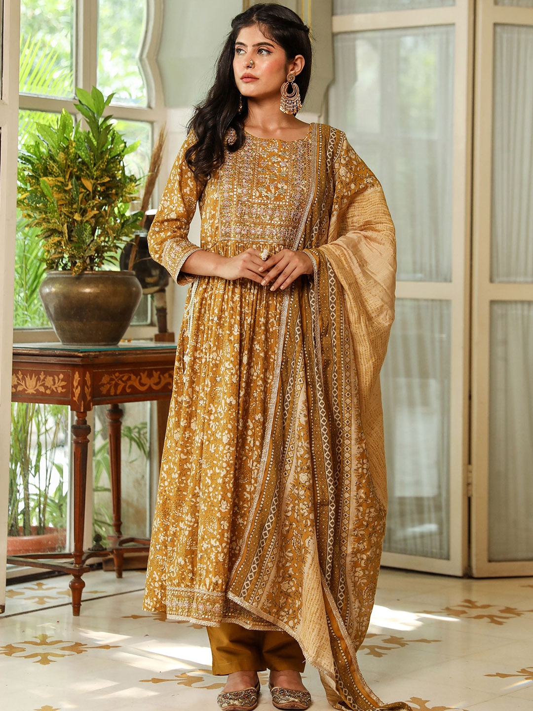 

KALINI Floral Printed Pleated Gotta Patti Pure Silk Kurta with Trousers & With Dupatta, Mustard