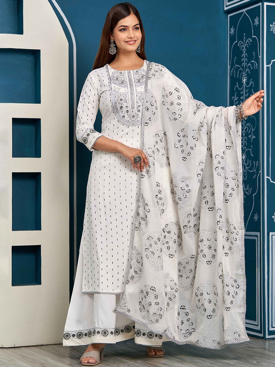 

KALINI Floral Embroidered Sequinned Straight Kurta With Palazzos & Dupatta, White