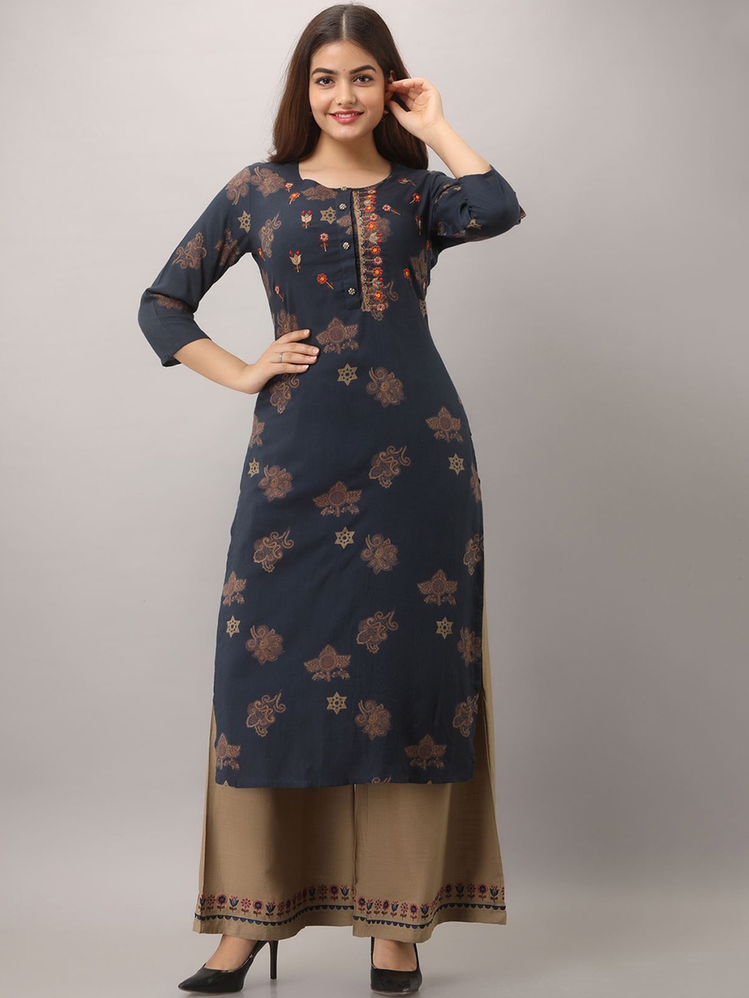 

KALINI Ethnic Motifs Printed Three-Quarter Sleeves Thread Work Kurta Set, Navy blue