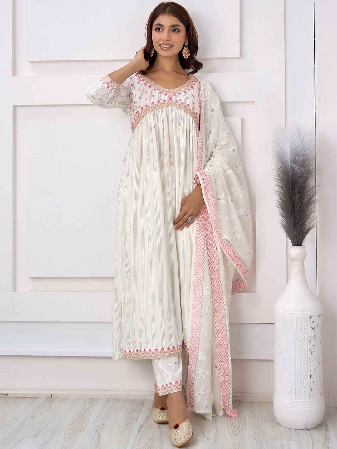 

KALINI Striped Pleated Thread Work Kurta & Trousers With Dupatta, White