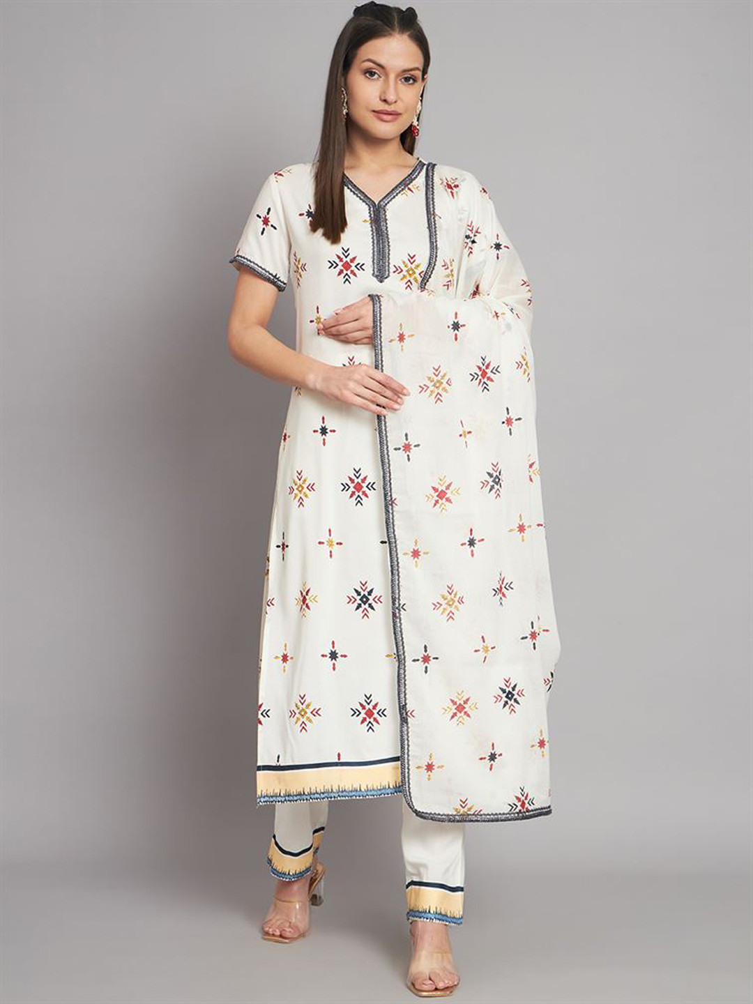 

KALINI Ethnic Motifs Printed Regular Thread Work Kurta & Trousers With Dupatta, White