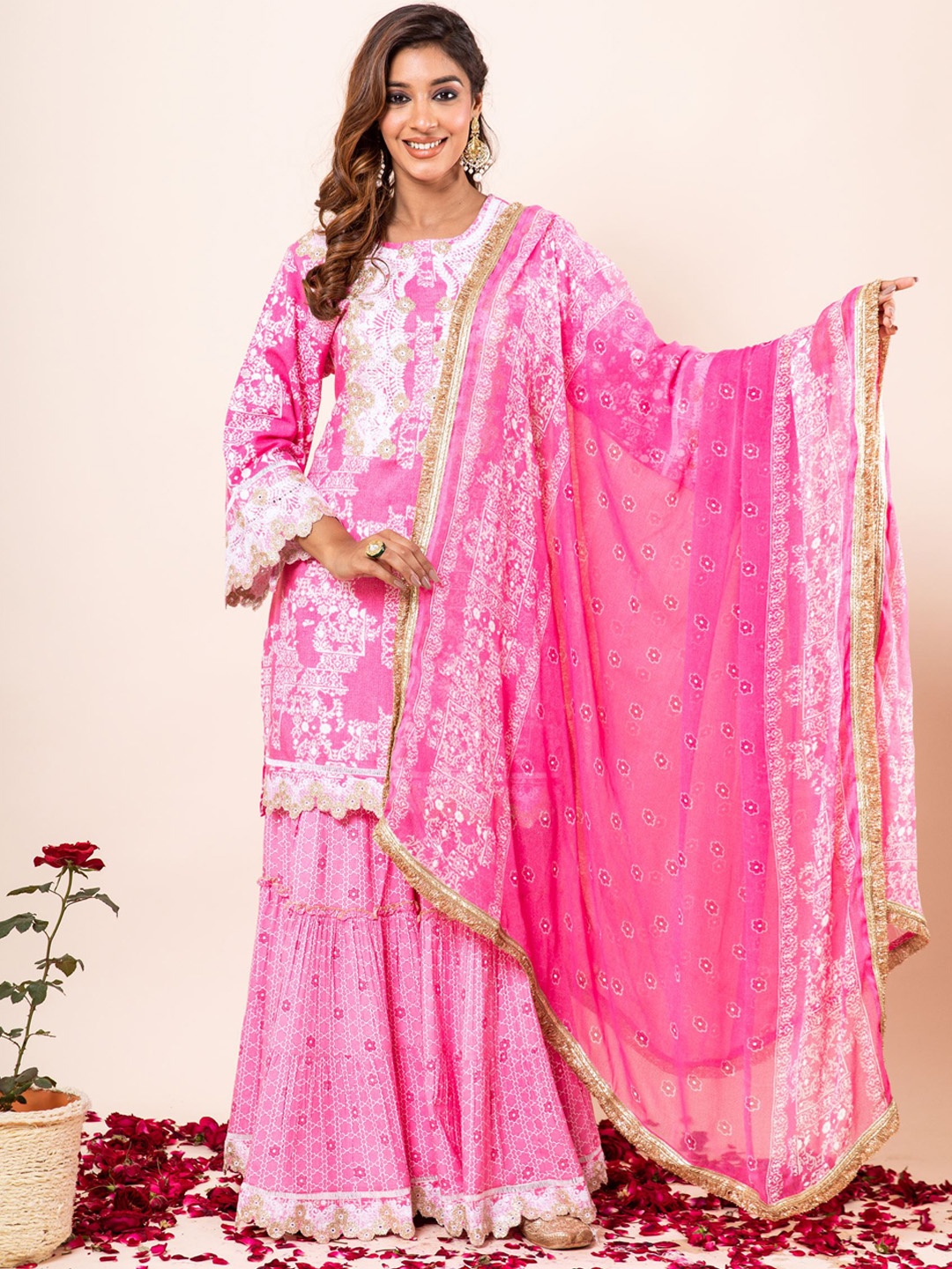 

KALINI Floral Printed Regular Kurta With Sharara & Dupatta, Pink