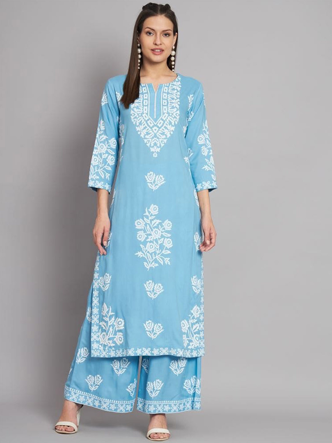 

KALINI Floral Printed Straight Kurta With Palazzos, Blue