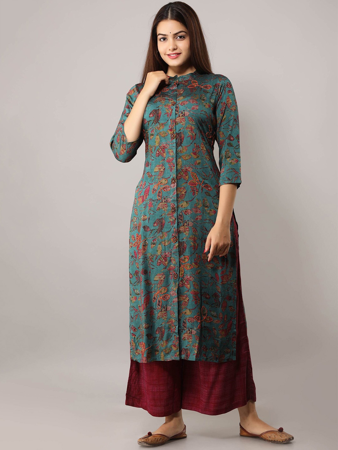 

KALINI Floral Printed Mandarin Collar Beads And Stones Kurta with Palazzos, Teal