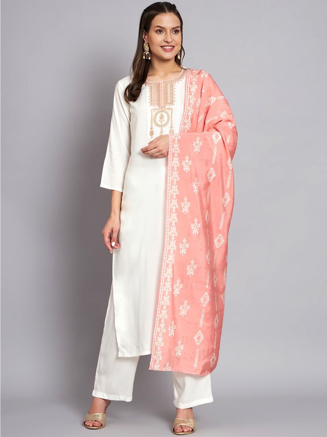 

KALINI Round Neck Thread Work Kurta With Trousers & Dupatta, White