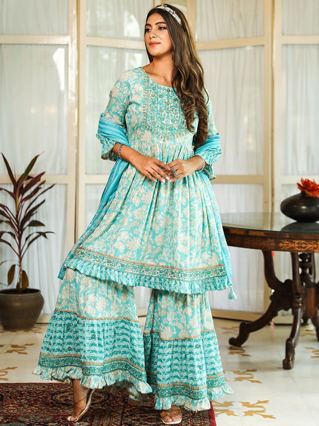 

KALINI Floral Printed Pleated Thread Work Kurta & Sharara & With Dupatta, Turquoise blue