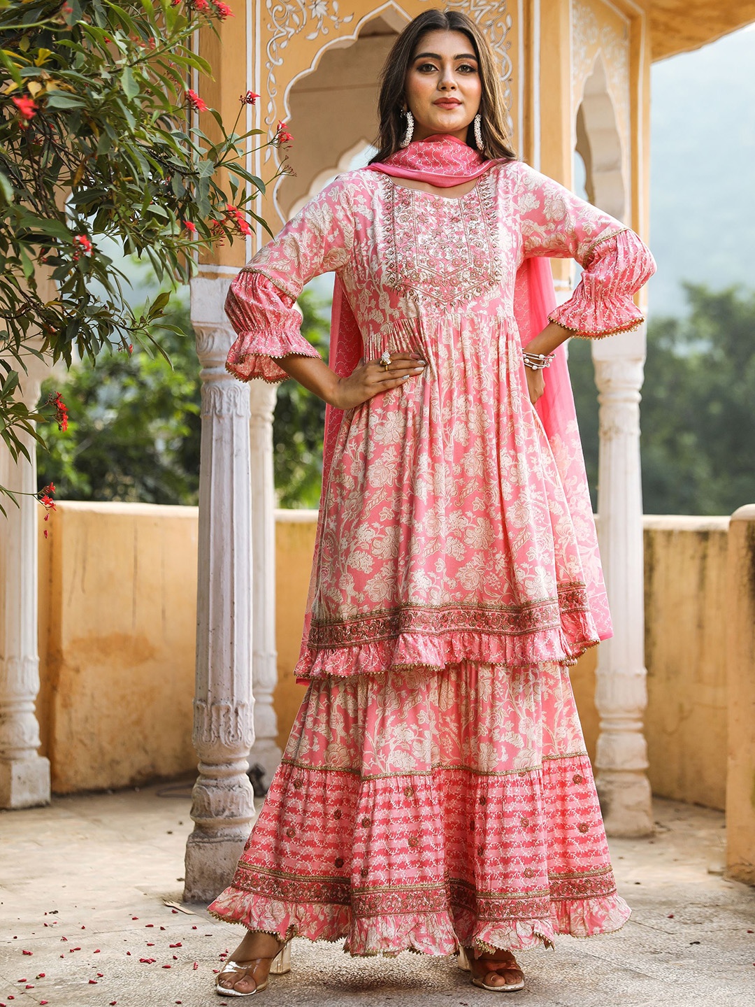 

KALINI Floral Printed Pleated Beads and Stones Kurta With Sharara & Dupatta, Pink