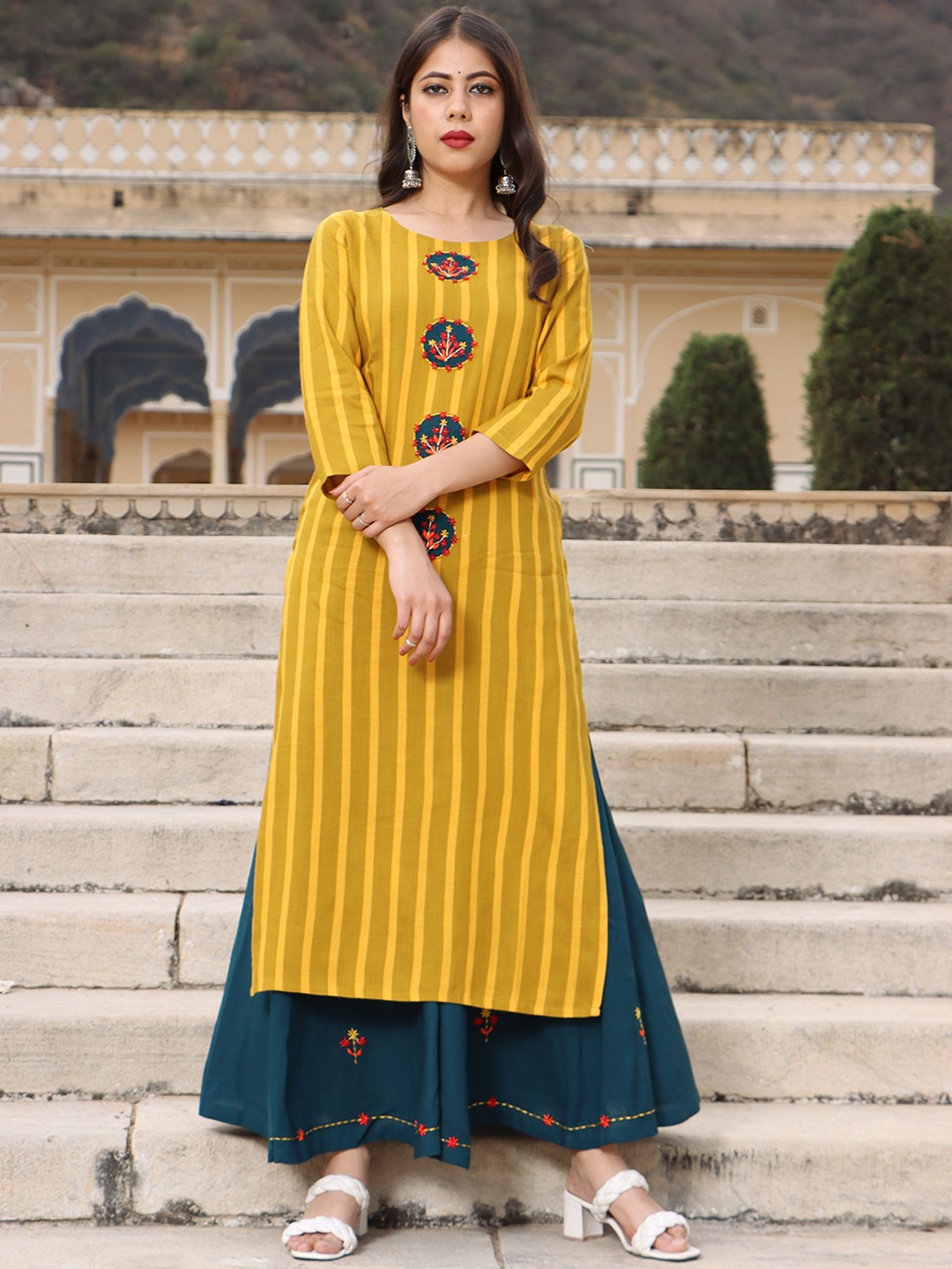 

KALINI Striped Regular Thread Work Kurta With Palazzos, Yellow
