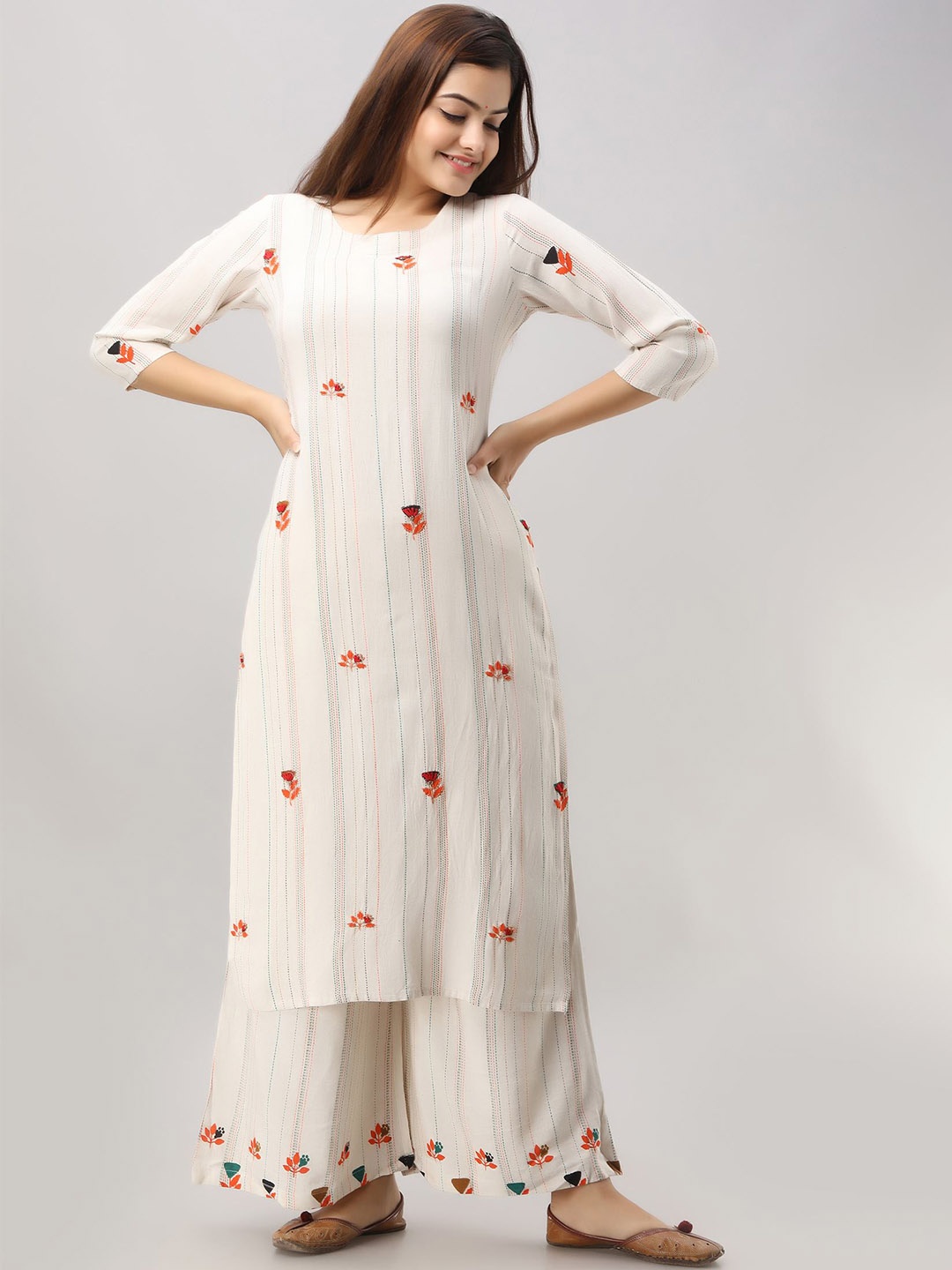 

KALINI Floral Embroidered Beads & Stones Straight Kurta With Palazzos, White