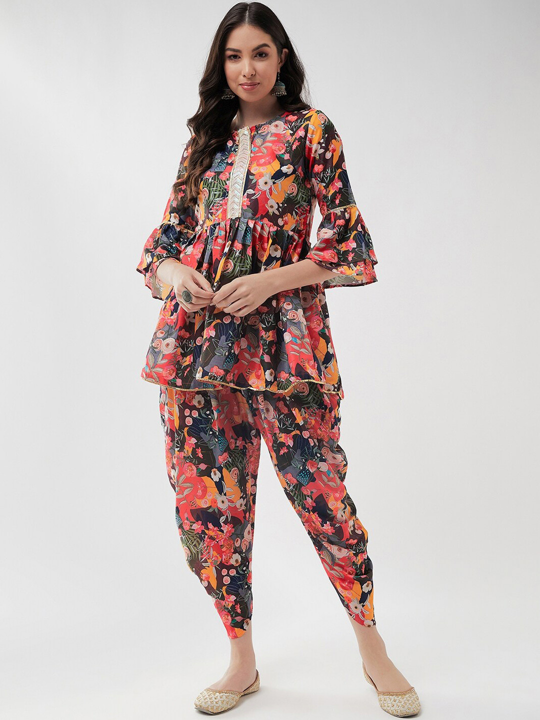

Pannkh Ethnic Motifs Printed Empire Kurti With Dhoti Pants, Black