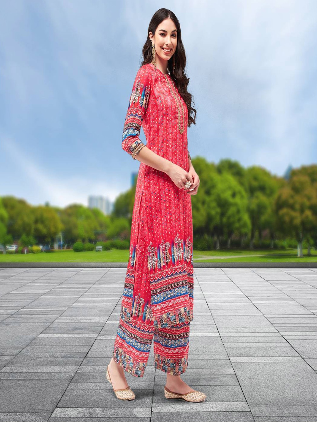 

Pannkh Ethnic Motifs Printed Straight Kurta With Palazzos, Red