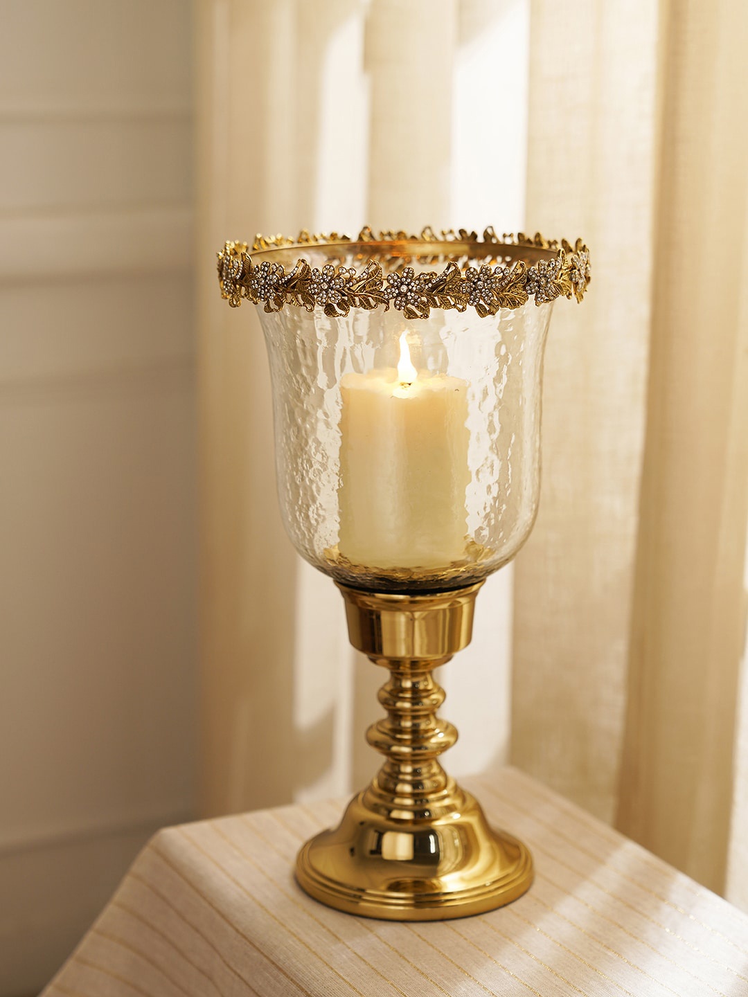 

Pure Home and Living Gold-Toned Textured Glass Hurricane With Rhinestones