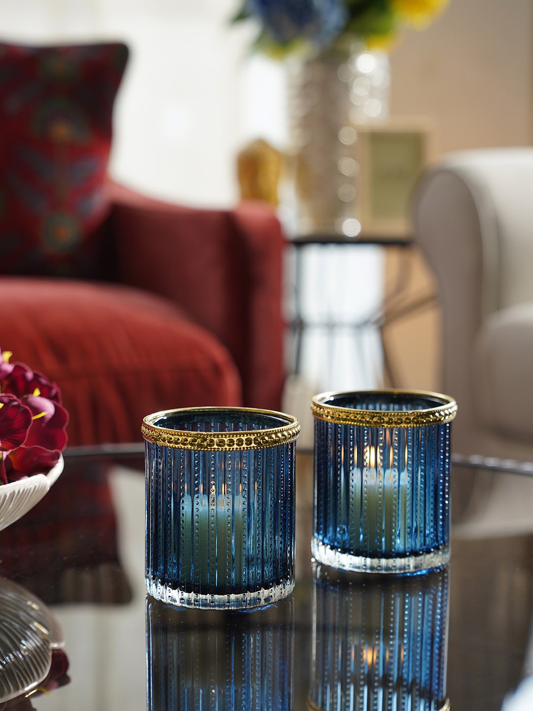 

Pure Home and Living Blue 2-Pieces Ribbed Glass T-Light Candle Holders