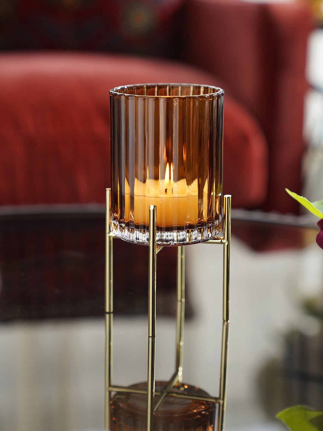 

Pure Home and Living Brown Ribbed Glass Hurricane With Metal Stand